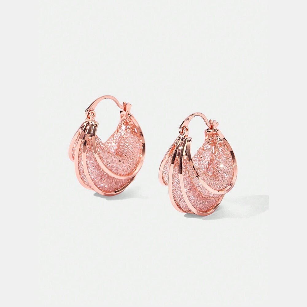 Rose Gold Mesh Wrap Sparkle Chunky Puffy Hoop Earrings